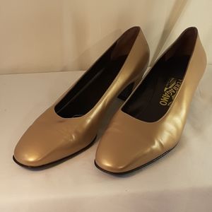 Salvatore Ferragamo gold kitten heels